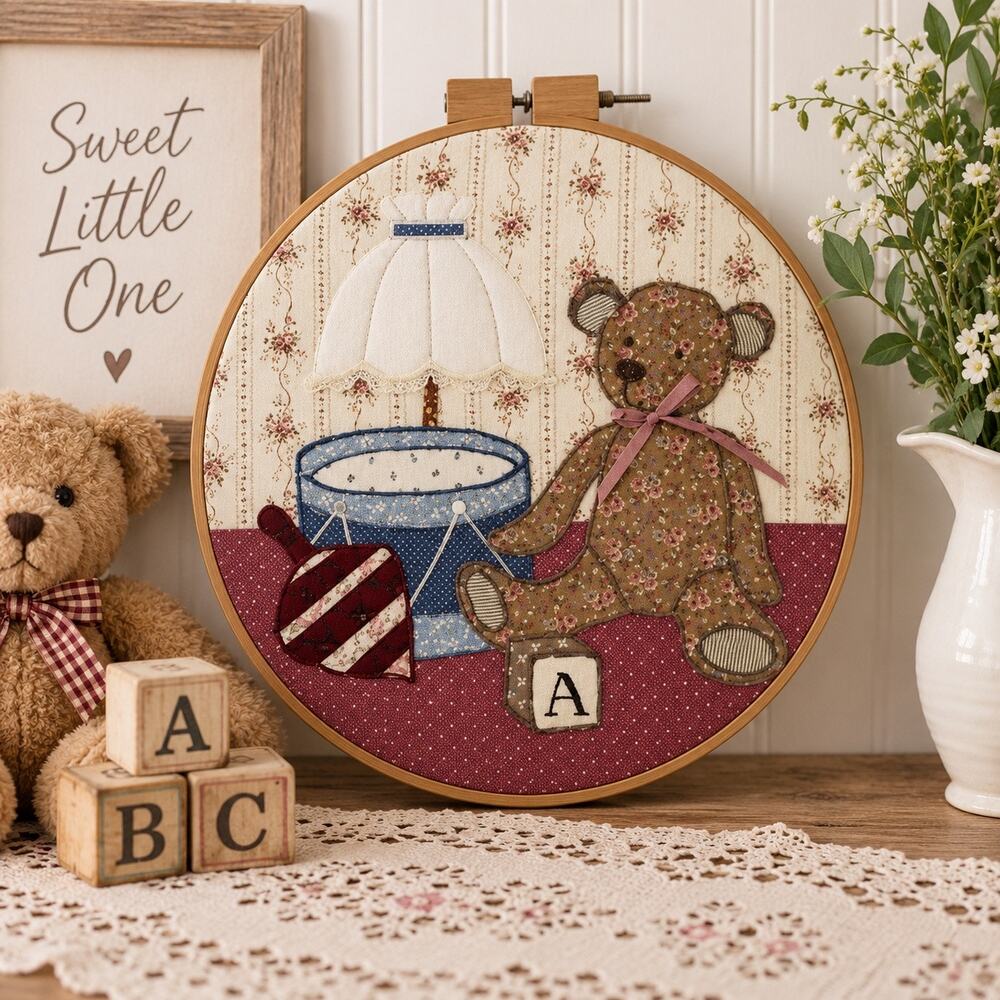 Handmade Teddy Bear Nursery Embroidery Hoop Wall Art Applique Vintage Style